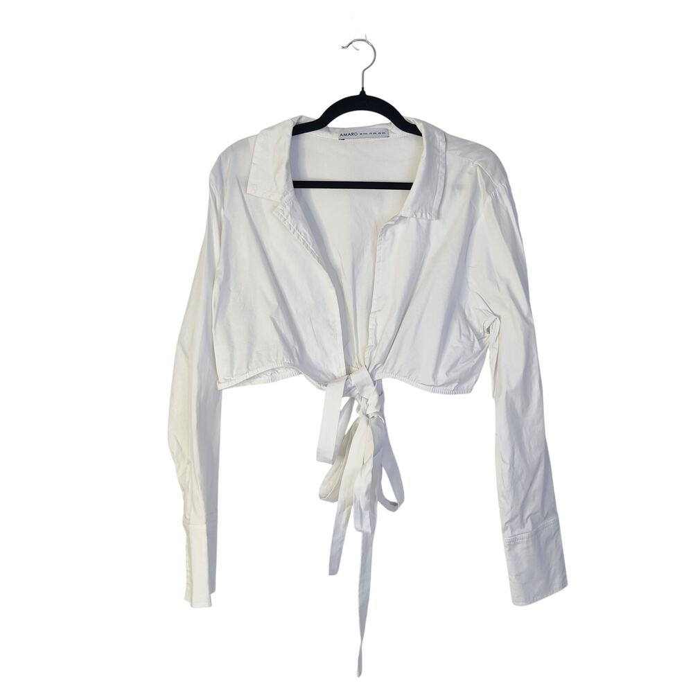Amaro Cotton Poplin Cropped Wrap Around Tie Front White Blouse XXL Euro Summer